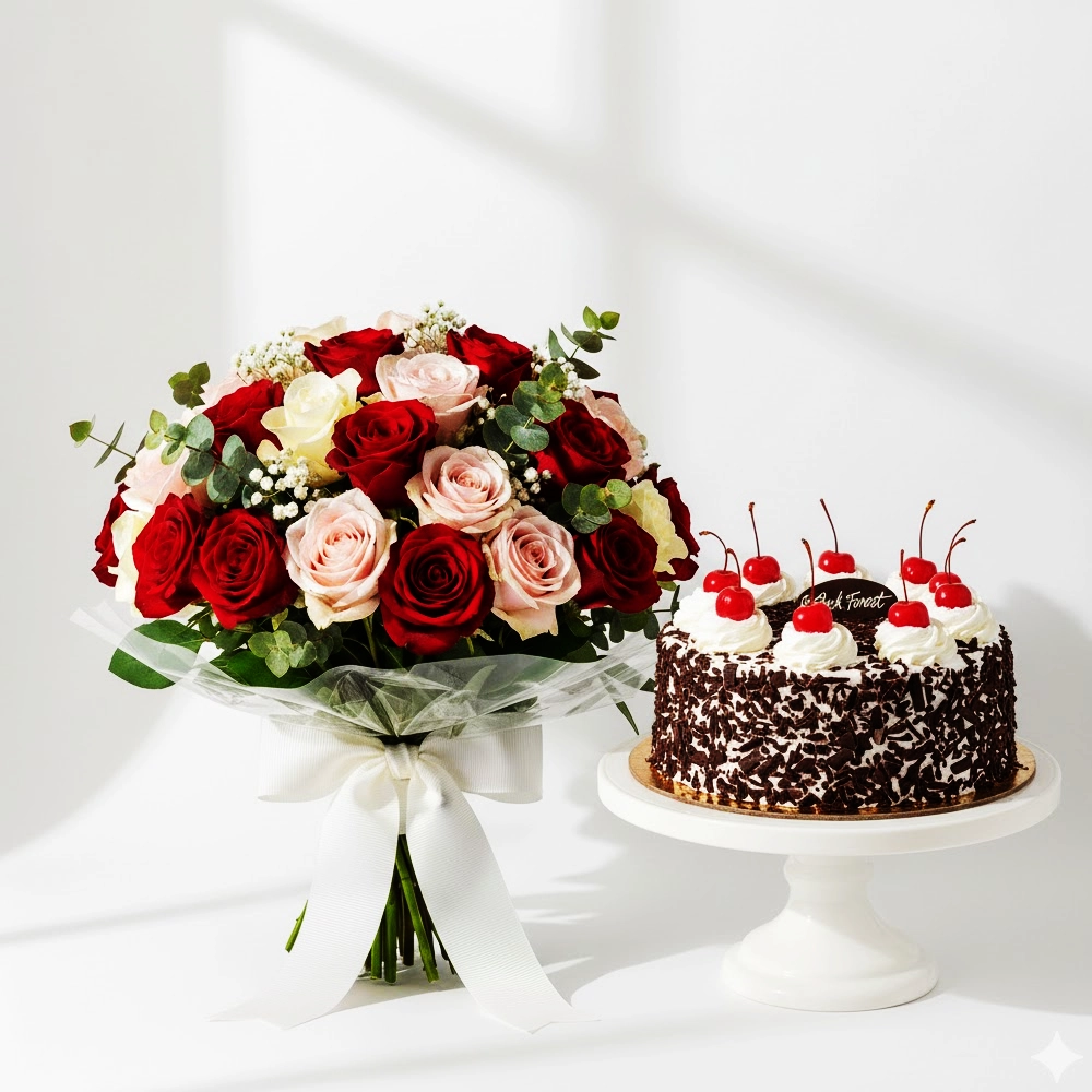 “Red Rose Bouquet with 1 Kg Black Forest Cake gift combo for celebration and romantic occasions”