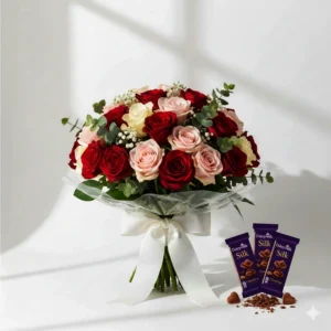 “Red Rose Bouquet and Dairy Milk Silk Chocolate Combo for romantic gifting”