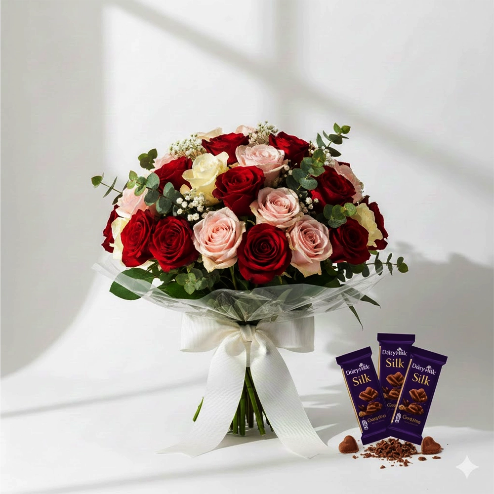 “Red Rose Bouquet and Dairy Milk Silk Chocolate Combo for romantic gifting”