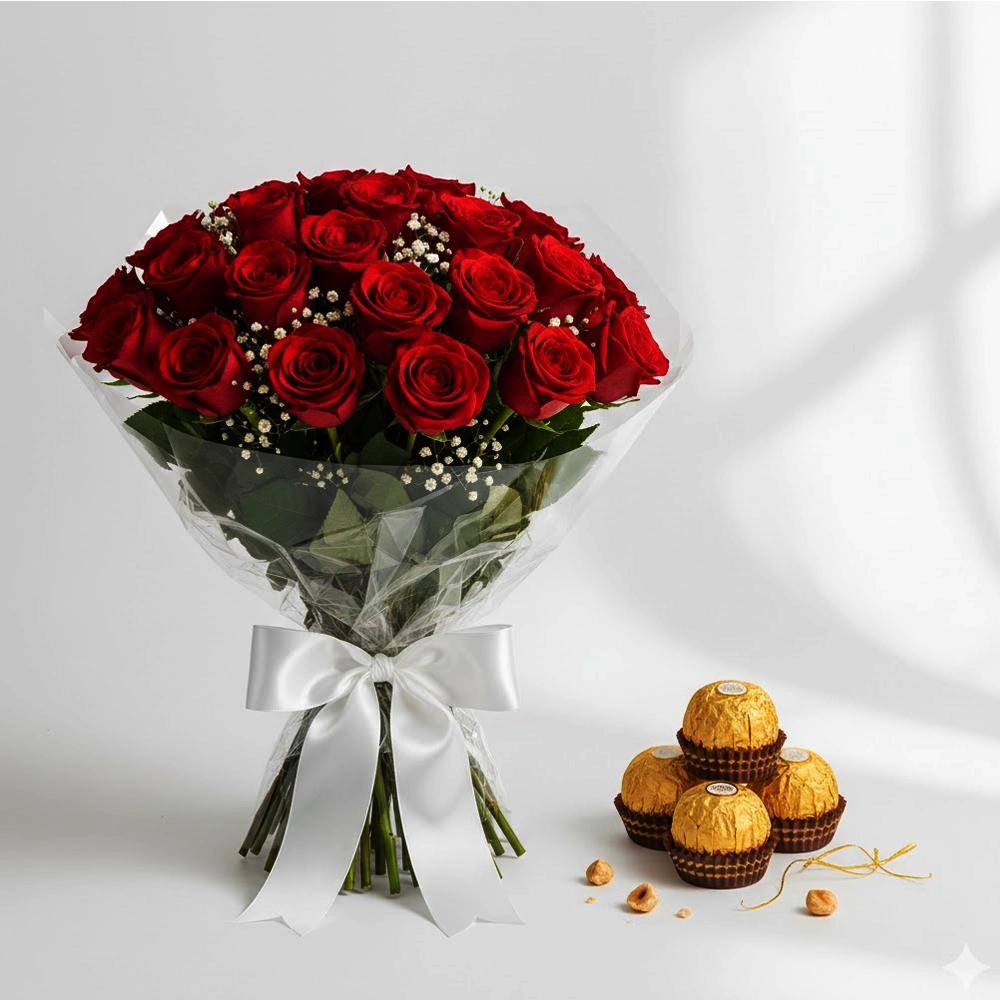“20 Red Roses with Ferrero Rocher 4 pcs luxury gift combo for romantic occasions”