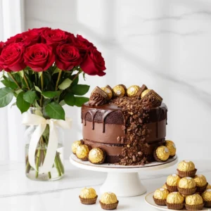 “Red roses bouquet with chocolate cake and Ferrero Rocher luxury combo.”