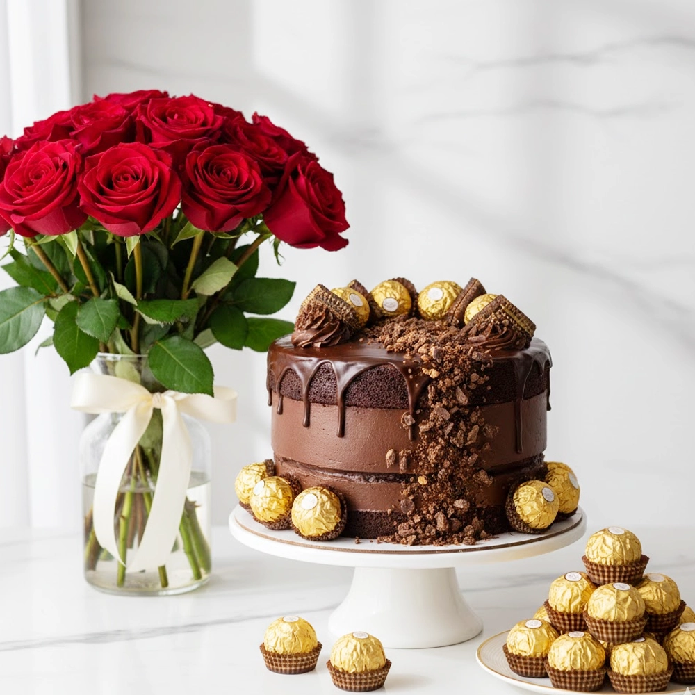 “Red roses bouquet with chocolate cake and Ferrero Rocher luxury combo.”