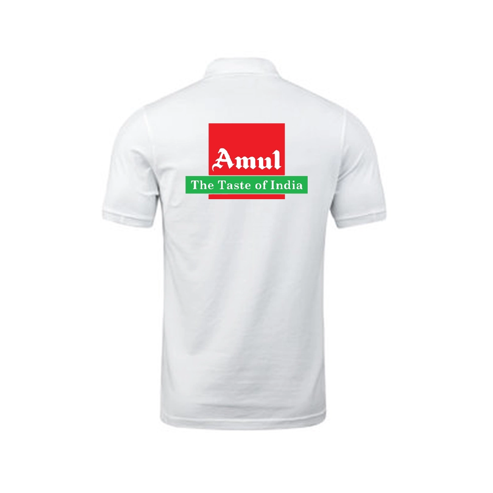 White polo T-shirt with large Amul logo printed on the back – staff uniform branding design