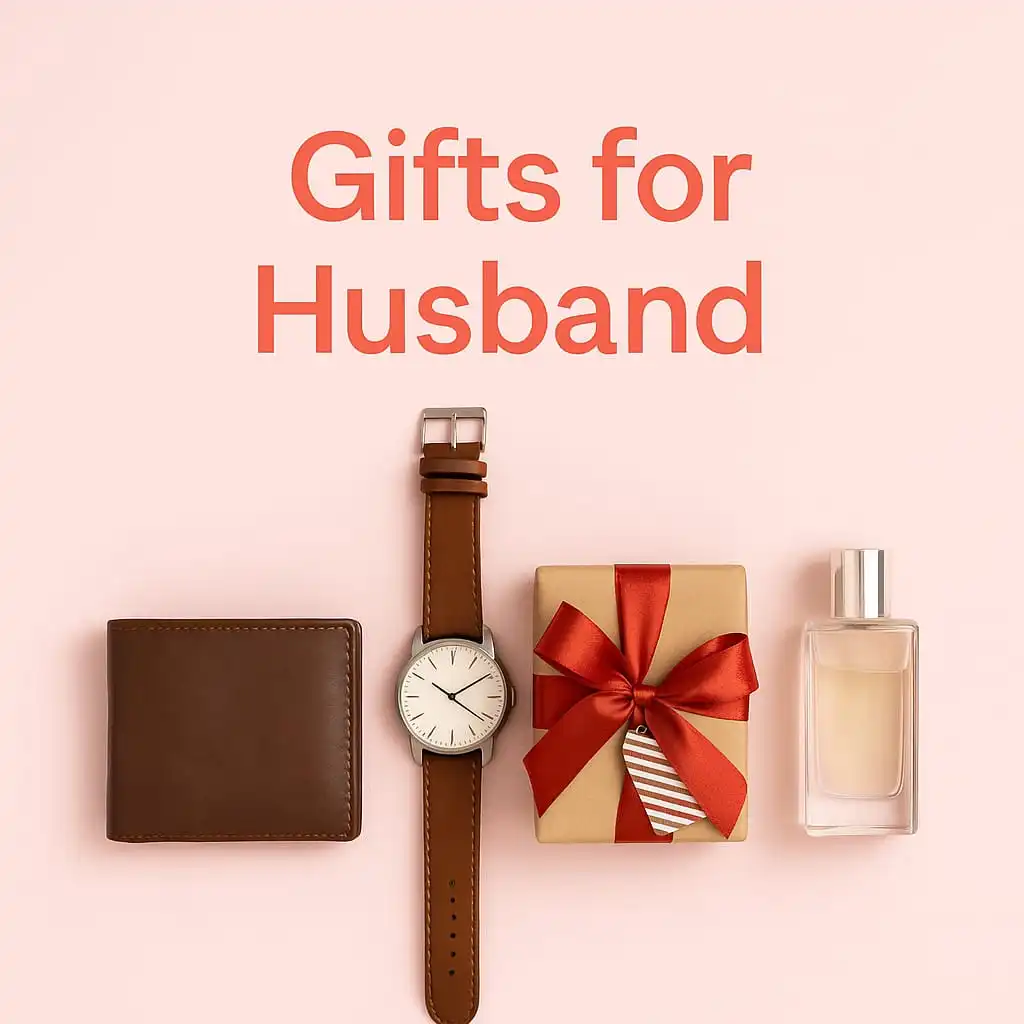 Gifts for Husband category image showing wallet, red ribbon gift, and stylish accessories
