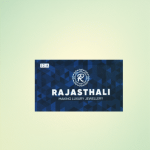 "Visiting card design for Aishwarya Jewellers with turquoise theme, floral elements, model image, and business details."