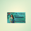 "Visiting card design for Aishwarya Jewellers with turquoise theme, floral elements, model image, and business details."