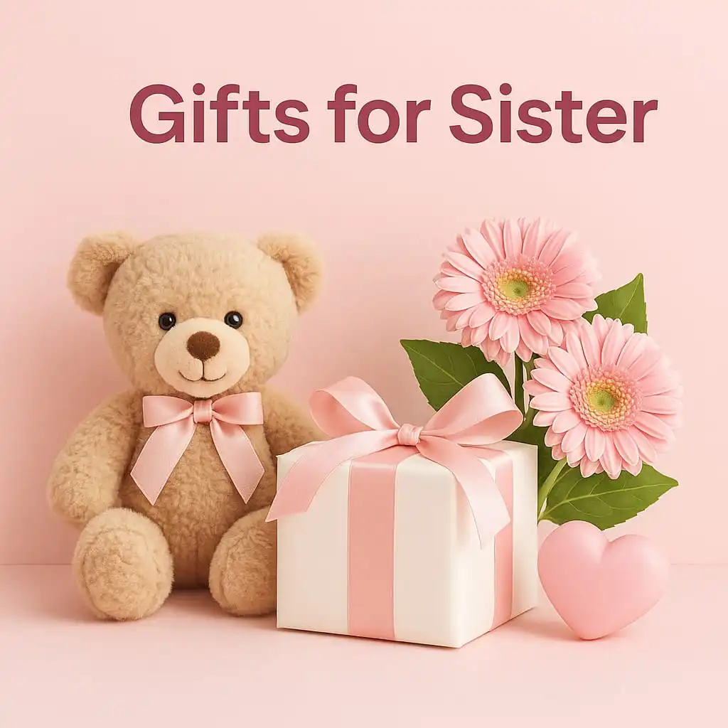 Gifts for Sister category image with teddy bear, flowers, and pink wrapped presents