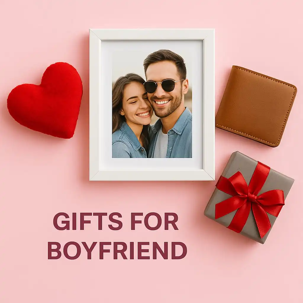 Gifts for Boyfriend category image featuring couple photo frame, hearts, and minimalist gifts