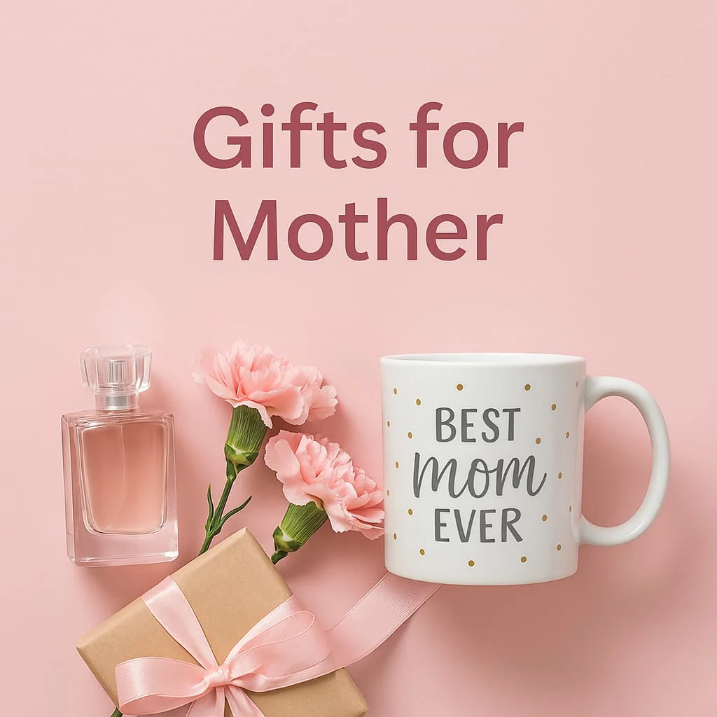 Gifts for Mother category image displaying mug, flowers, and elegant pink-themed gifts