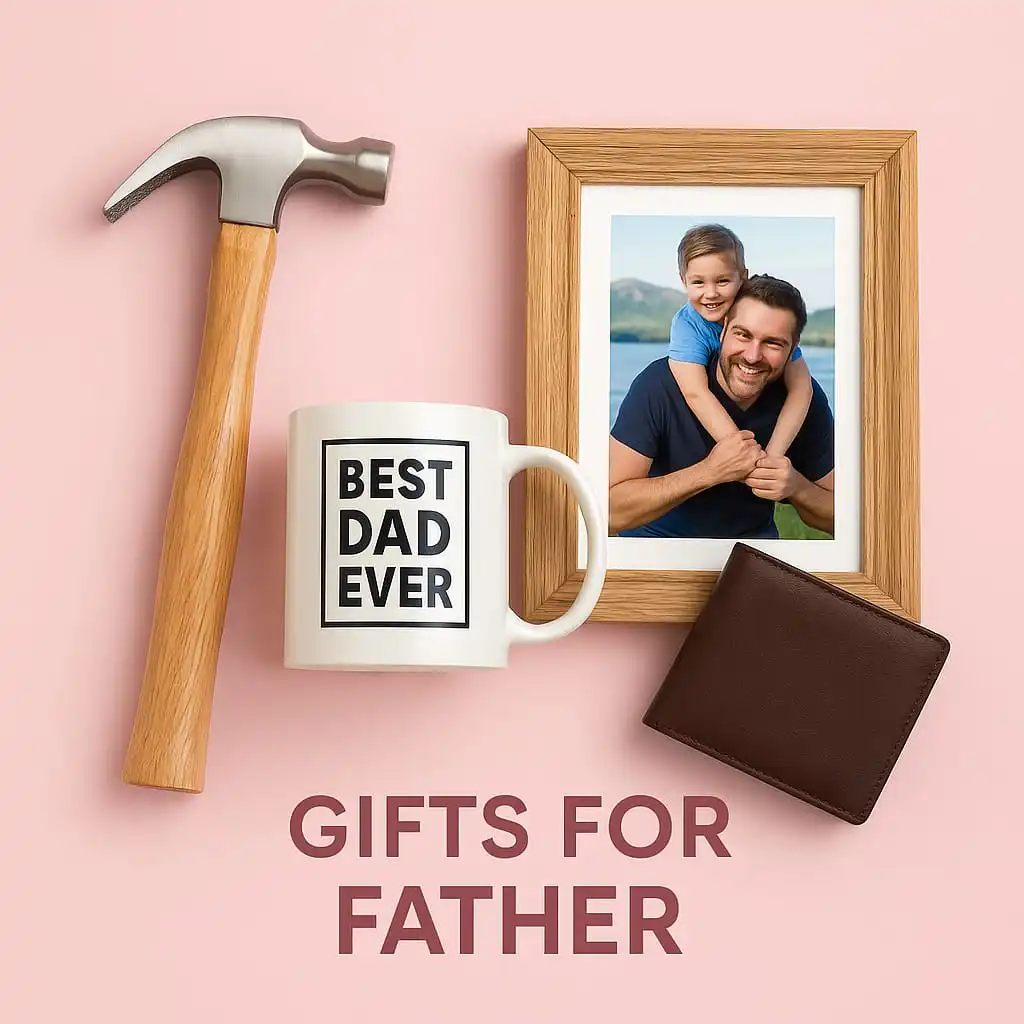 Gifts for Father category image with tools, wallet, perfume, and masculine gift items