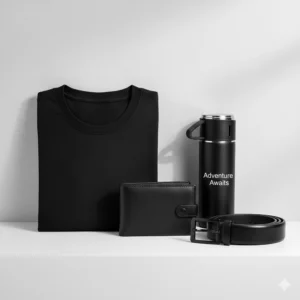 Men’s Premium Black Combo Set – T-shirt, Wallet, Belt, and Personalized Bottle”