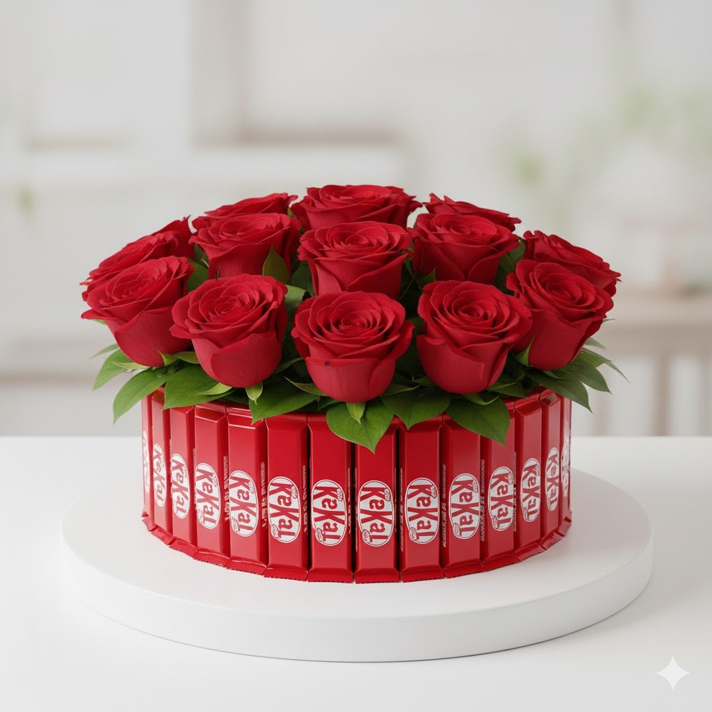 KitKat Rose Bouquet with fresh red roses arranged over KitKat chocolates – premium romantic gift