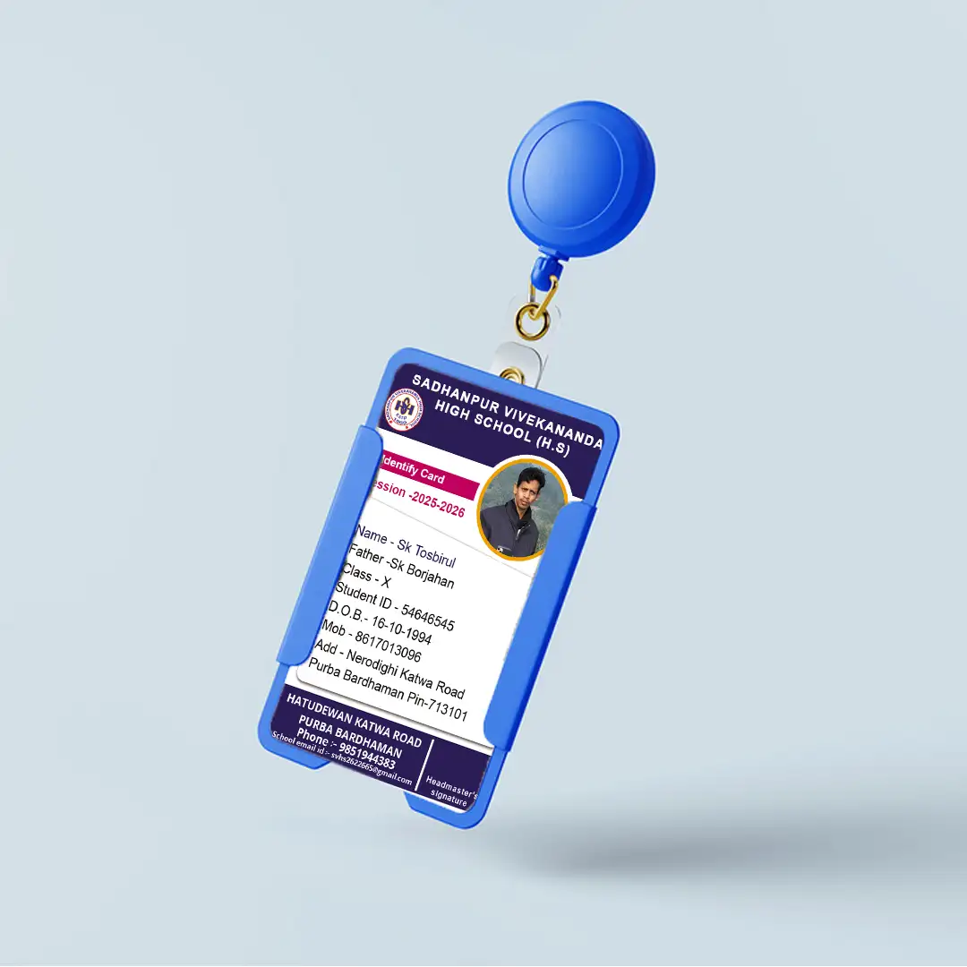 Customized school PVC ID card with blue holder and retractable reel clip
