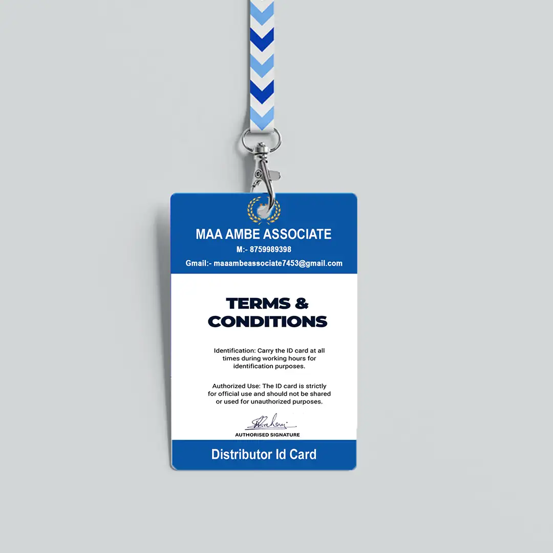 Customized distributor PVC ID card with blue and white professional design and lanyard
