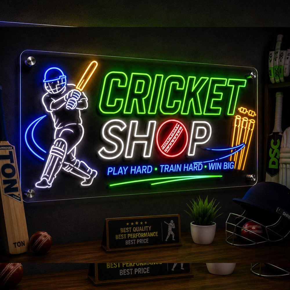 Custom acrylic LED cricket shop neon sign board with batsman and cricket theme design