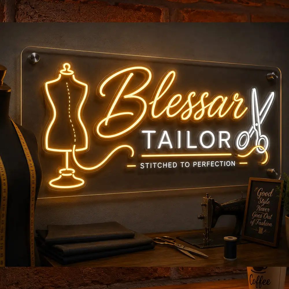 Custom acrylic LED tailor shop neon sign board for boutique and tailoring store in Burdwan