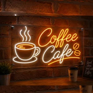 Custom acrylic LED coffee café neon sign board with glowing coffee cup design