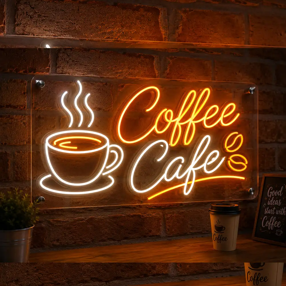 Custom acrylic LED coffee café neon sign board with glowing coffee cup design