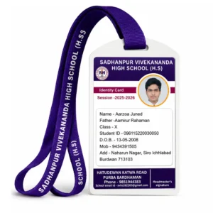 Customized school PVC ID card with purple printed lanyard on white background