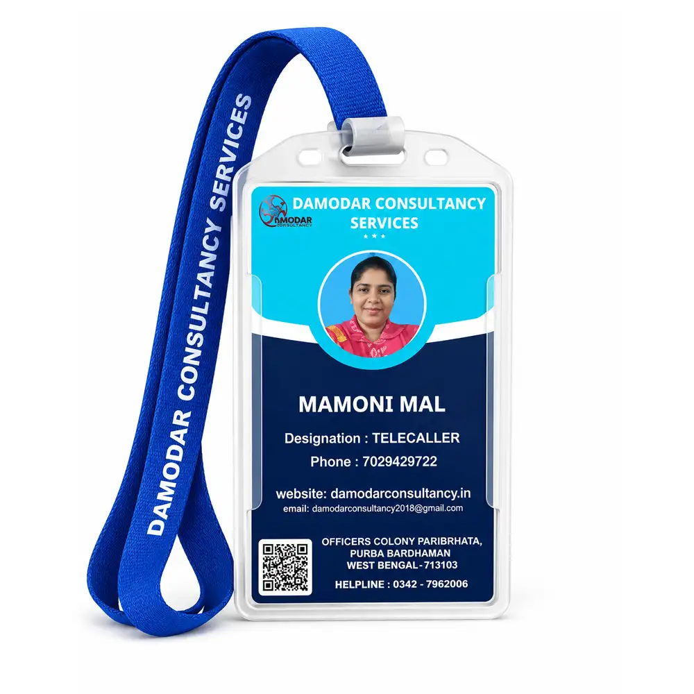 Customized corporate PVC employee ID card with transparent holder and blue lanyard