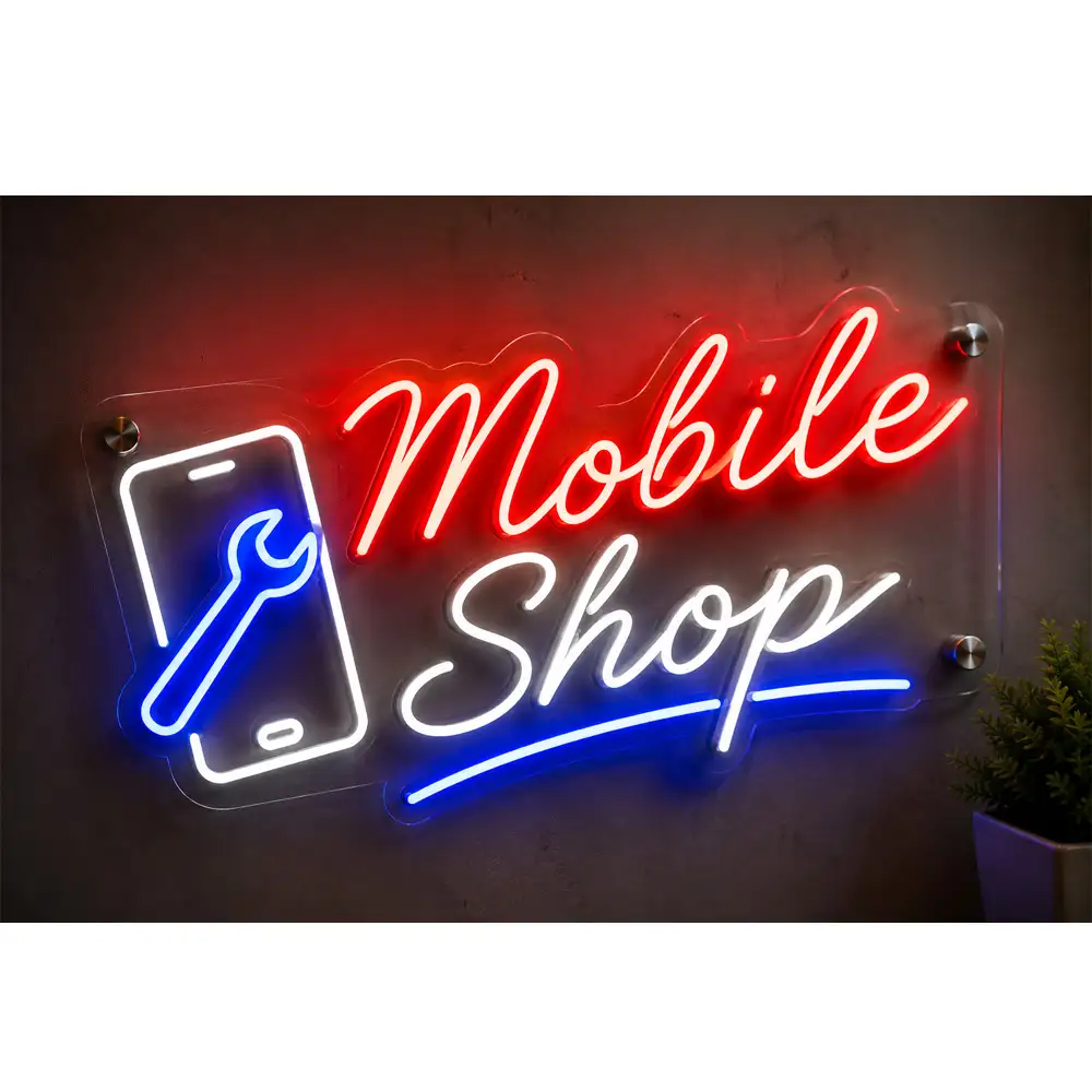 Custom acrylic LED neon mobile shop sign board with cursive handwriting design