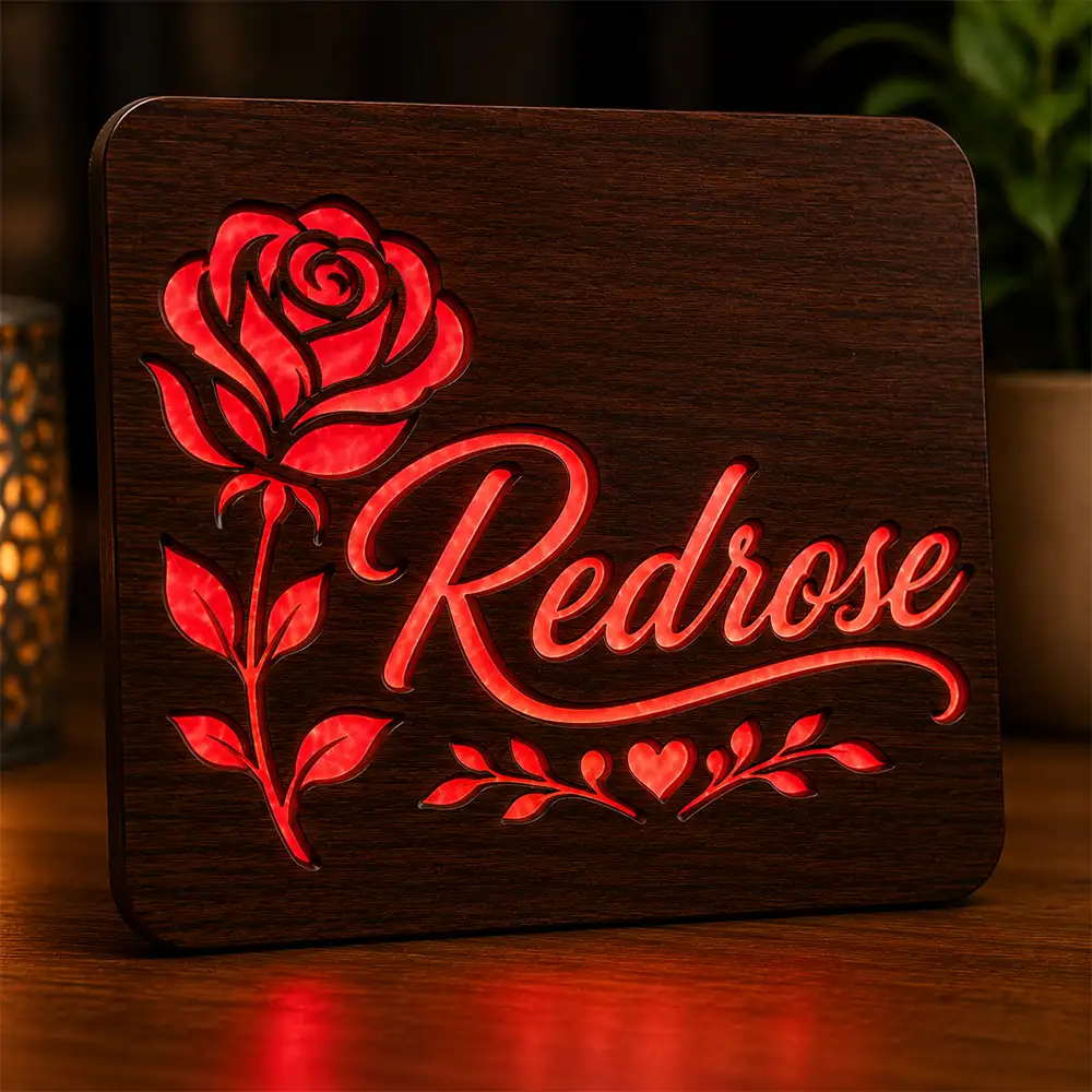 Customized wooden night glow plaque with red resin illuminated name design for home decor