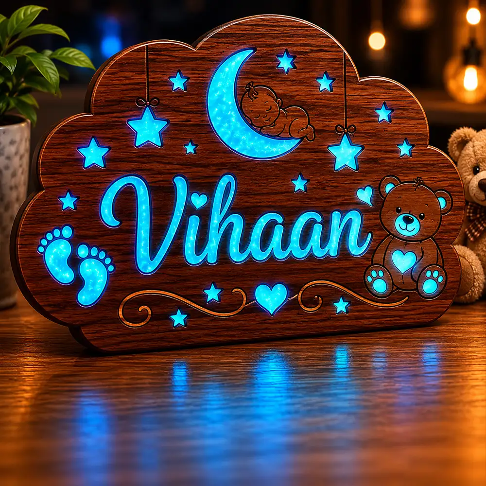 Customized wooden baby night glow nameplate with moon stars teddy and blue glowing resin design